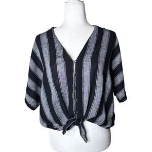 Rails Thea Thompson Stripe Short Sleeve Tie Front Top Black Gray Large